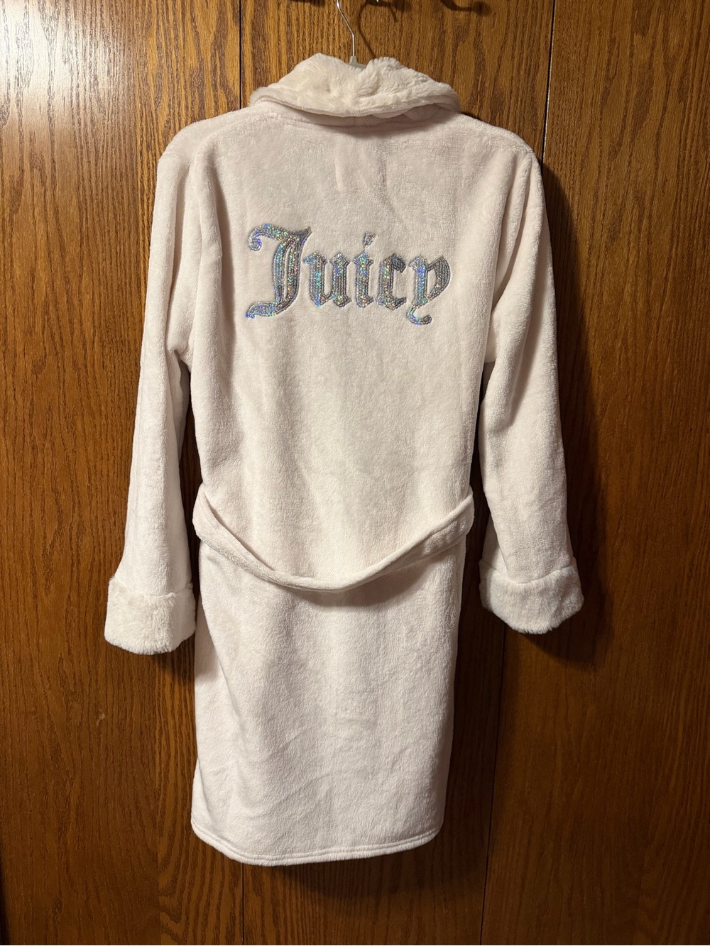 Y2K Juicy Couture White Faux Fur Collar Cuffs Robe With Bling Sequins S/M